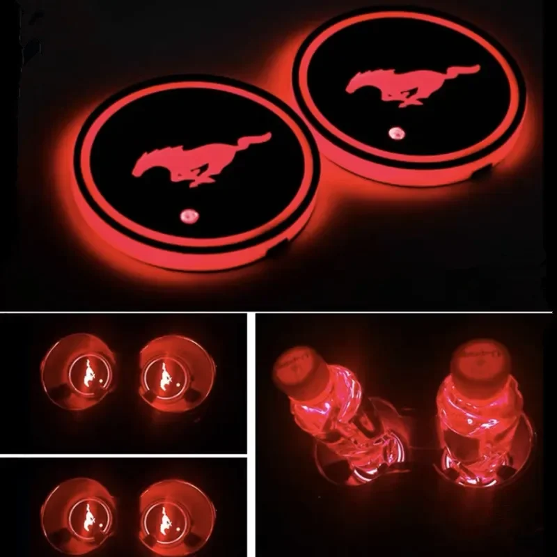 2PCS Led Car Logo Cup Light UBS Car Atmosphere Lamp Colorful Water Coaster For Ford Mustang GT SHELBY Auto Accessories