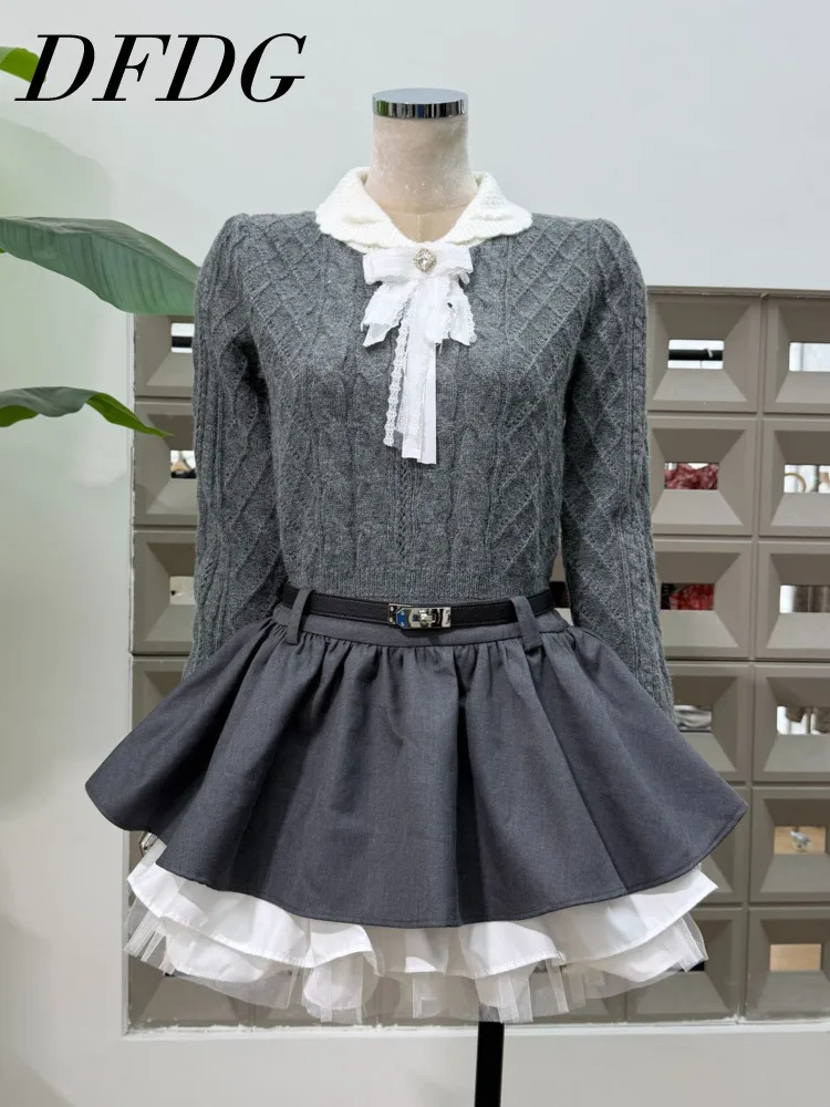 

DFDG 2025 AW Women’s Knitted Set Peter Pan Collar Sweater Tiered Skirt Slimming Color Block Outfit Vintage Chic Two Piece Set