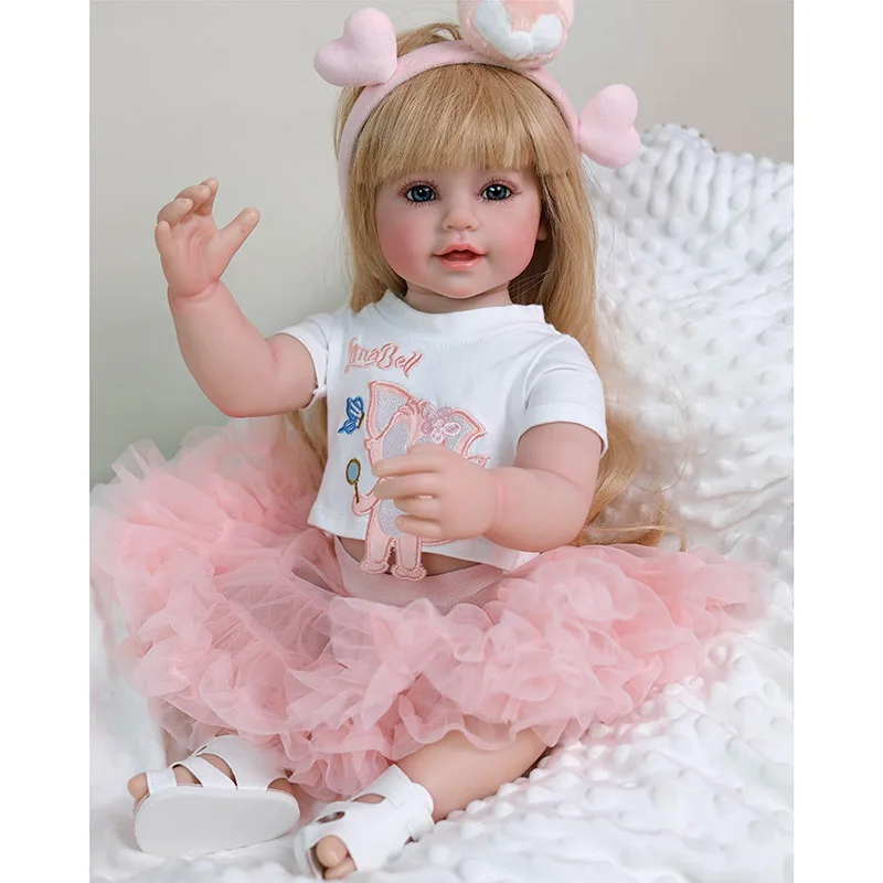 22inch  Full Vinyl Body Smiling Face Toddler Princess Doll with Blonde Long Wig Hair Pretty Girl Doll