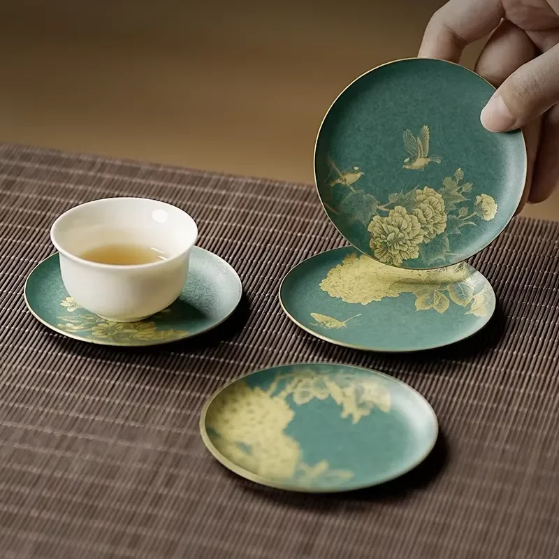 Retro Chinese Style Blue Copper Coaster Handmade Brass Kung Fu Tea Set Accessories Portable Teacup Burning Color Finish