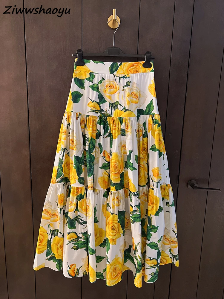

High Quality Summer Women Fashion Runway Designer Yellow Rose Floral Printed High Waist Cotton Big Swing A-Line Skirts