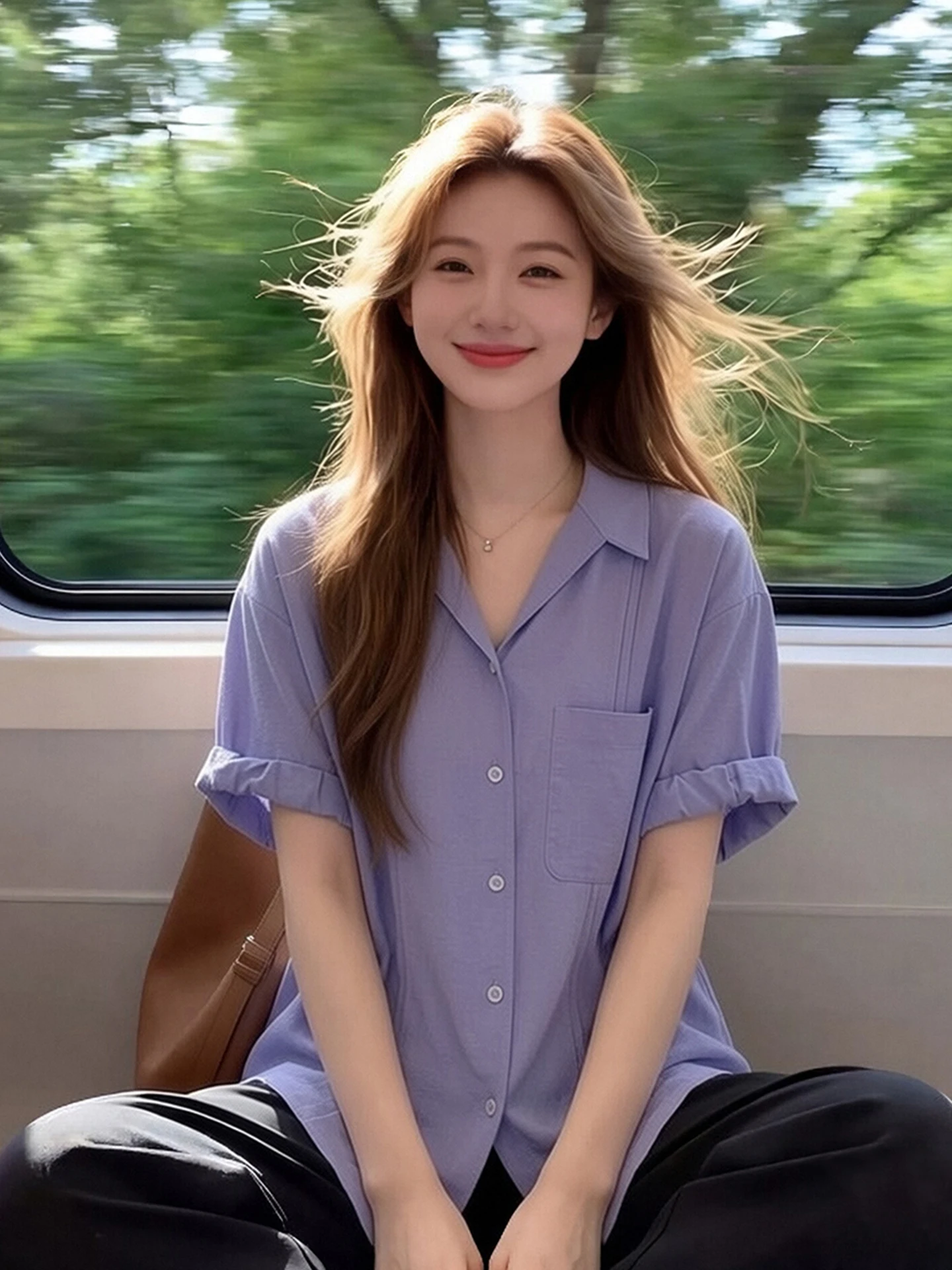 

Loose Casual Blue Short Sleeve Shirt Women's Korean Style Design Summer Slimming Top Button up Casual Wear Straight Cut