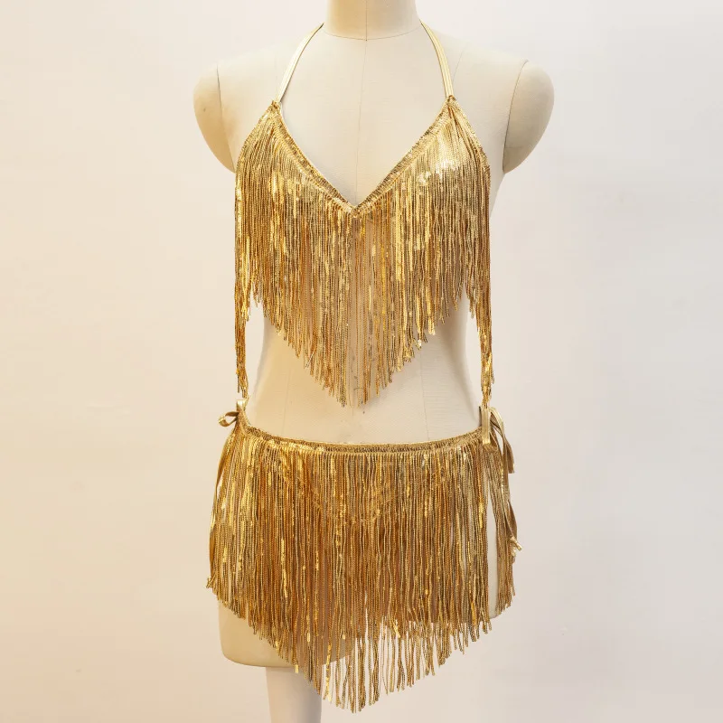 

Belly Dance Costume Sequins Tassel Short Suit Bikini Gig Performance Costume 3mm Sequin Set