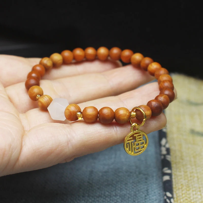 Banyan wood high-oil content 6mm bracelet with fortune charm, forest-style unisex Buddhist prayer beads wooden bracelet jewelry