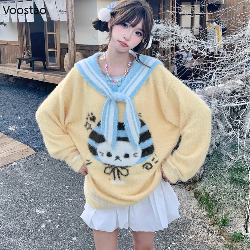 

Осень-зима, японские вязаные пуловеры в стиле каваи в стиле Лолиты, женские милые свитера с матросским воротником и рисунком кота, милое трикотажное пальто