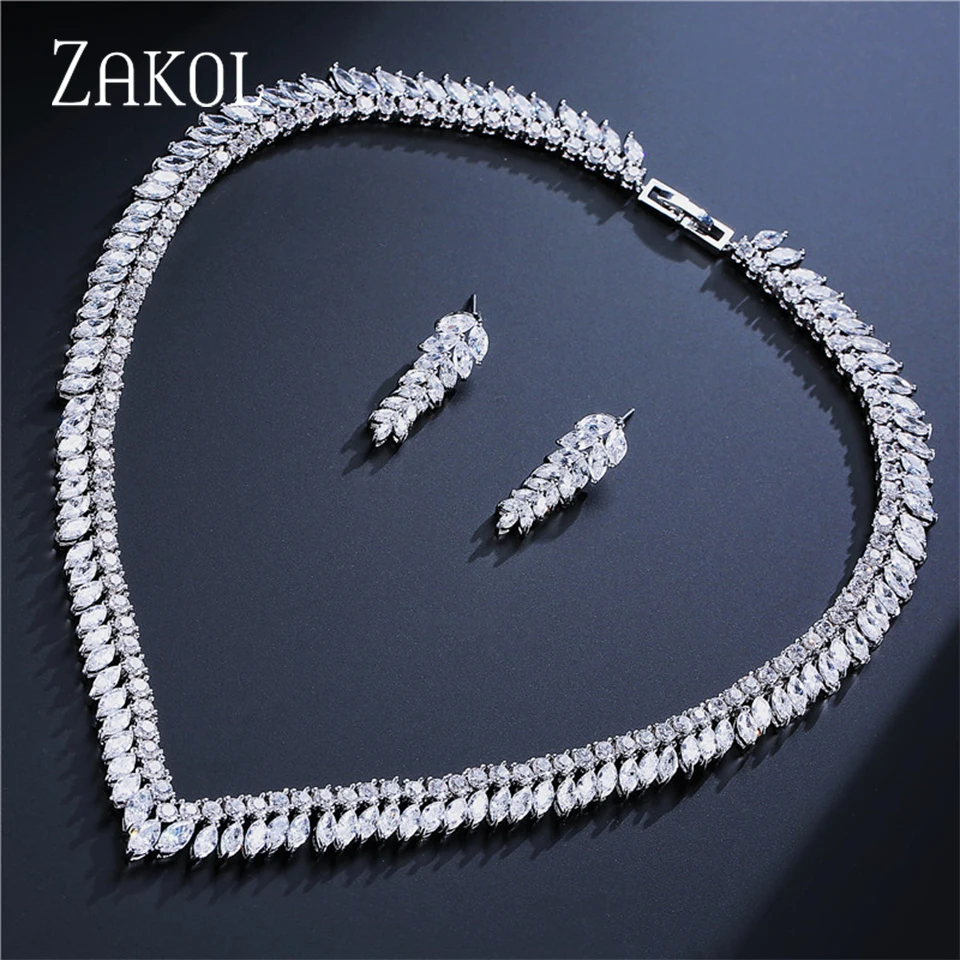 ZAKOL Brand Exquisite Marquise Zirconia Bridal Jewelry Sets Luxury Clear Buling CZ Wedding Banquet Earring Necklaces Set