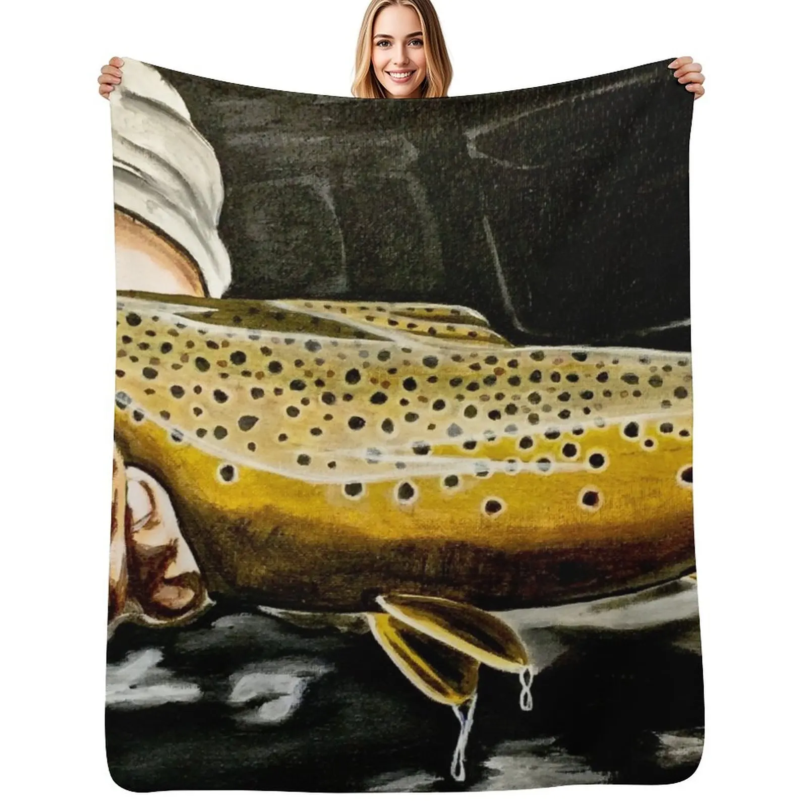 North Platte Brown - Trout Painting Throw Blanket Plush Fuzzy Cozy Blanket for Couch Sofa