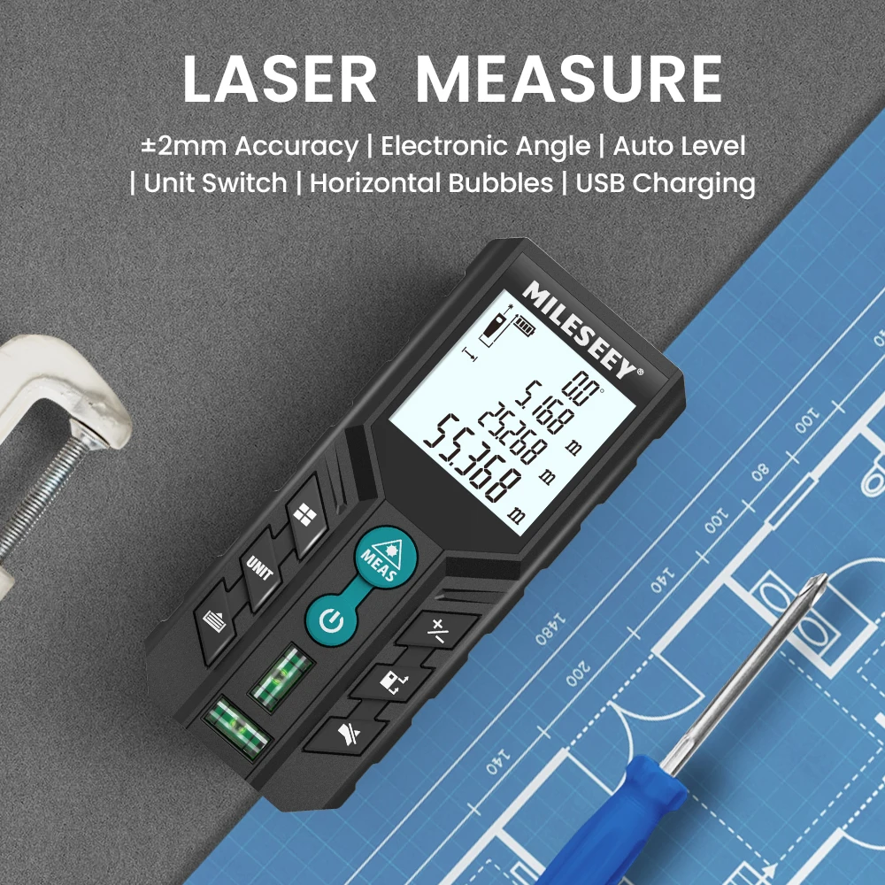 Imagem -02 - Medidor de Distância a Laser Mileseey d2 Telêmetro de 40m 120m Ângulo Recarregável Opcional Unidade ft m com Ferramentas de Medição de Bolha de Nivelamento