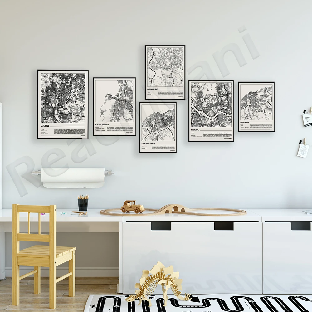 Tel Aviv, South Africa, Rio de Janeiro, Casablanca, Seoul, Melbourne, Sydney, Madrid, Havana, Cuba, and Seattle map posters