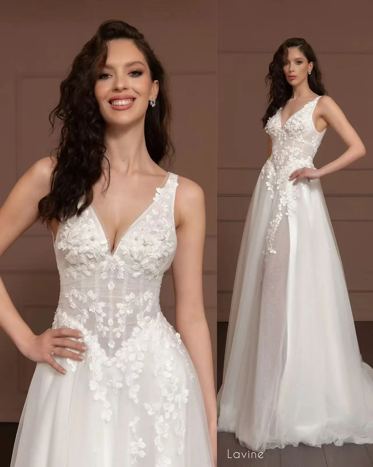 V‑Neck Sleeveless A‑Line Wedding Dress 3D Floral Lace Appliques High Slit Glitter Tulle Court Train Custom Size Custom Made