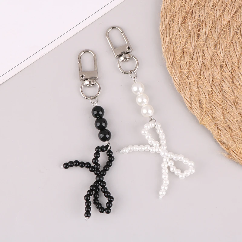 Korean Bowknot Keychain Simple Bow Beaded Keyring Imitation Pearl Key Holder Bag Pendant Camera Strap Girl Gifts