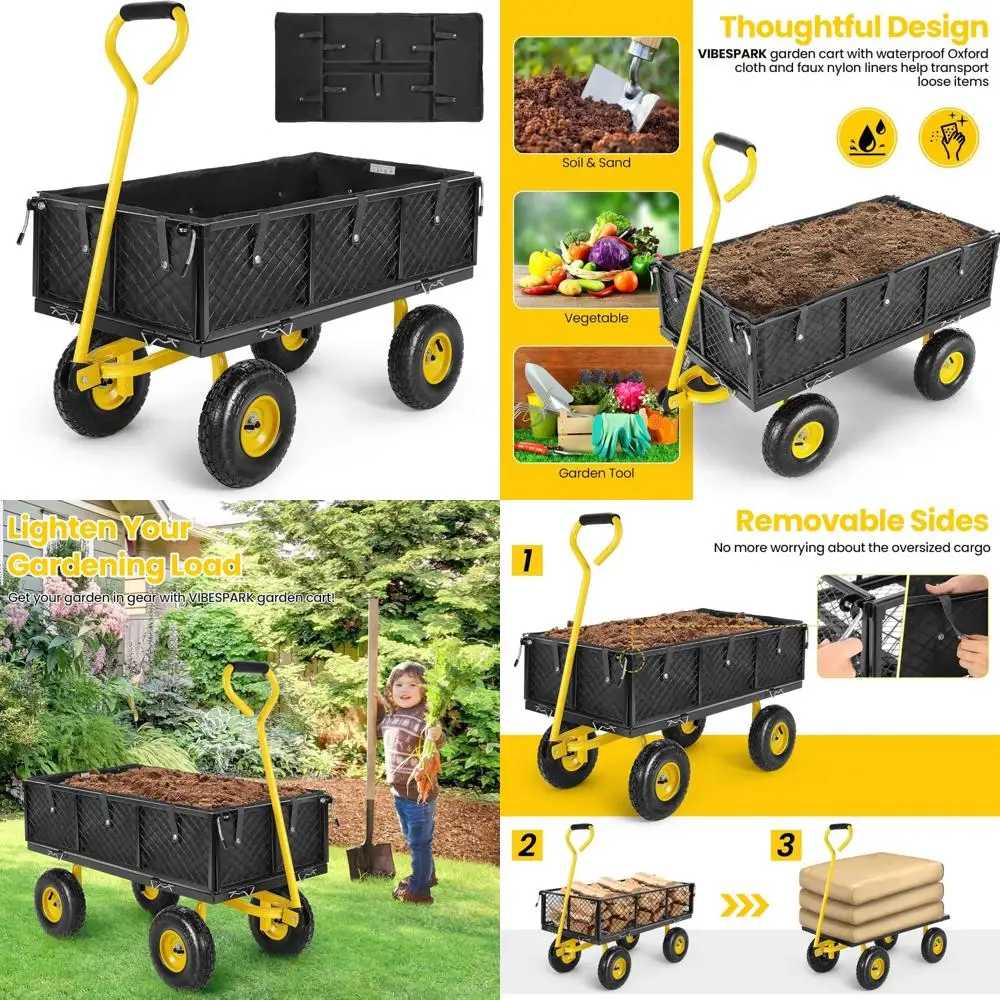 880파운드(약 400kg) 용량의 헤비듀티 메쉬 스틸 정원 카트, 평판 변환을 위한 탈착식 측면, 다용도 금속