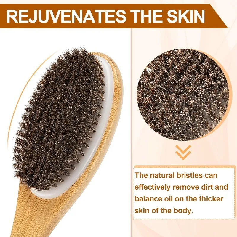 Natural Bristles Bamboo Shower Brush with Curved Long Handle, Detachable,  for bath, cleaning brush, massage, rub, back brush