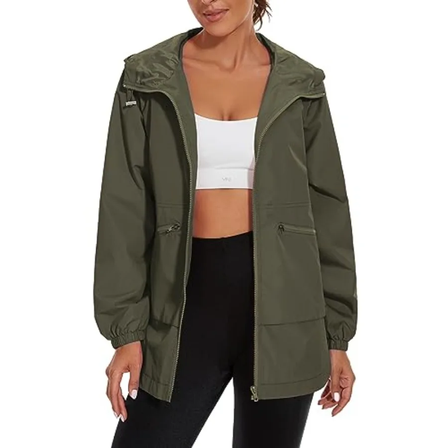 

PESION Womens Waterproof Raincoat Lightweight Rain Jacket Trench Coat Hooded Windbreaker With Pockets for Outdoor