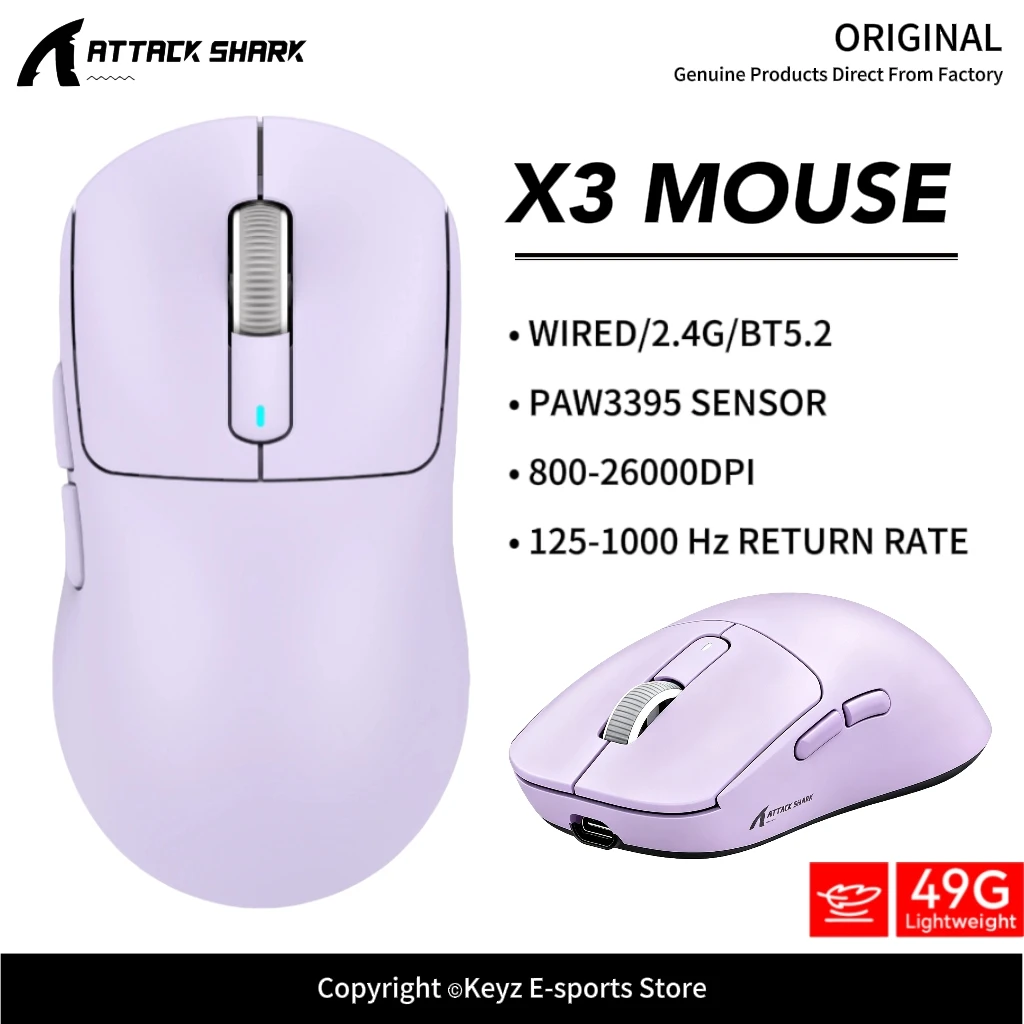 ATTACK SHARK X3/X3Pro Ultra-Light  Mouse Wireless 1000Hz PAW3395 Sensor 26000DPI and Black Mamba 80 Million Switches for Gaming