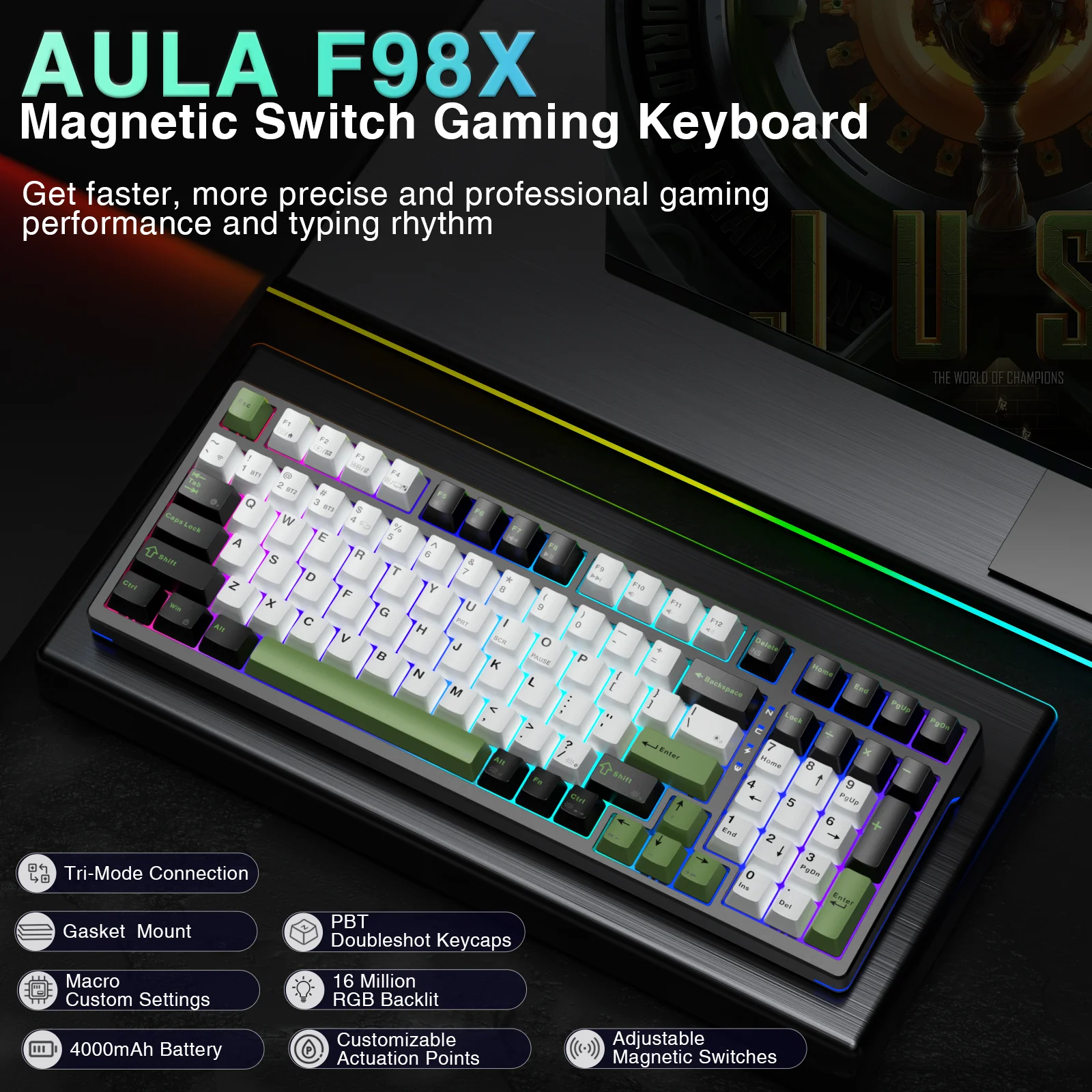 

AULA F98X Magnetic Switch Gaming Mechanical Keyboard 3/5 Pin Hotswap RGB Customized PBT Keycaps Adjustable Trigger for E-Sports