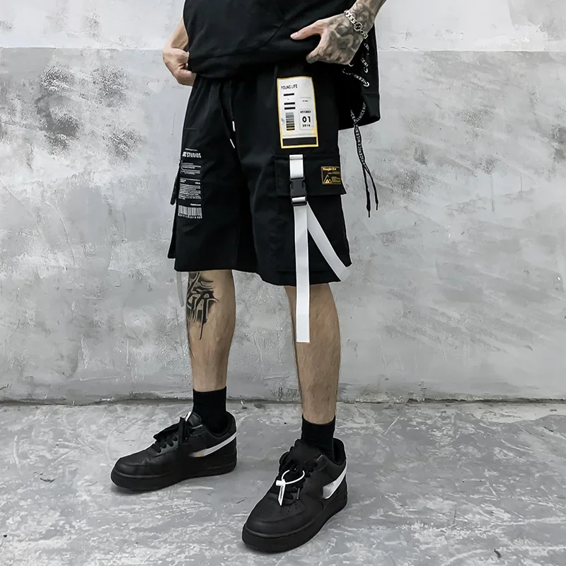 2023 Summer Casual Cargo Shorts Men Cotton Ribbons Pockets Streetwear Mens Shorts Knee Length Bermuda Short Pants Men