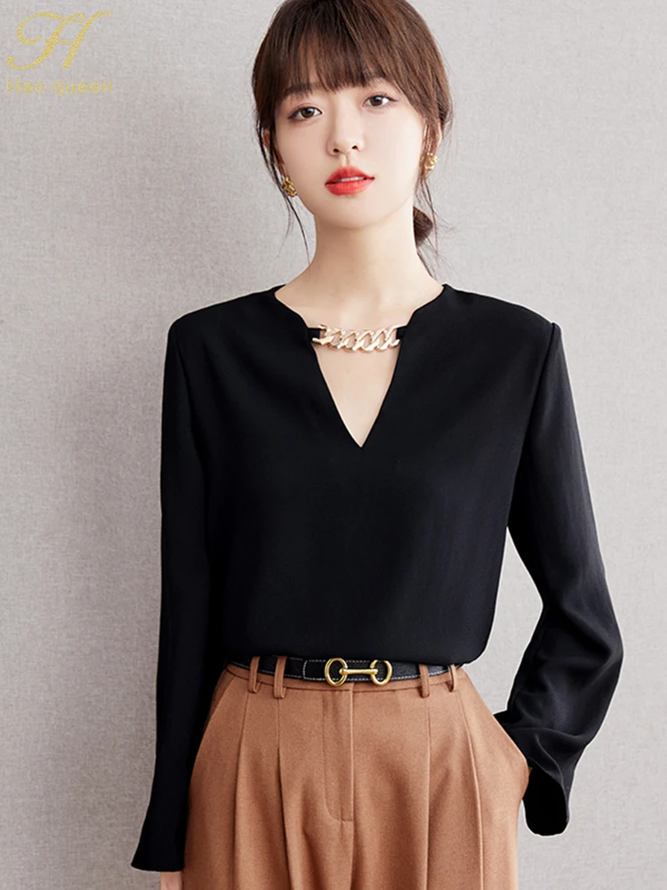 H Han Queen New 2024 Autumn Loose Long Sleeve Chiffon Blouse Work Casual Tops Simple Basic Blouses Women\'s Black Vintage Shirt