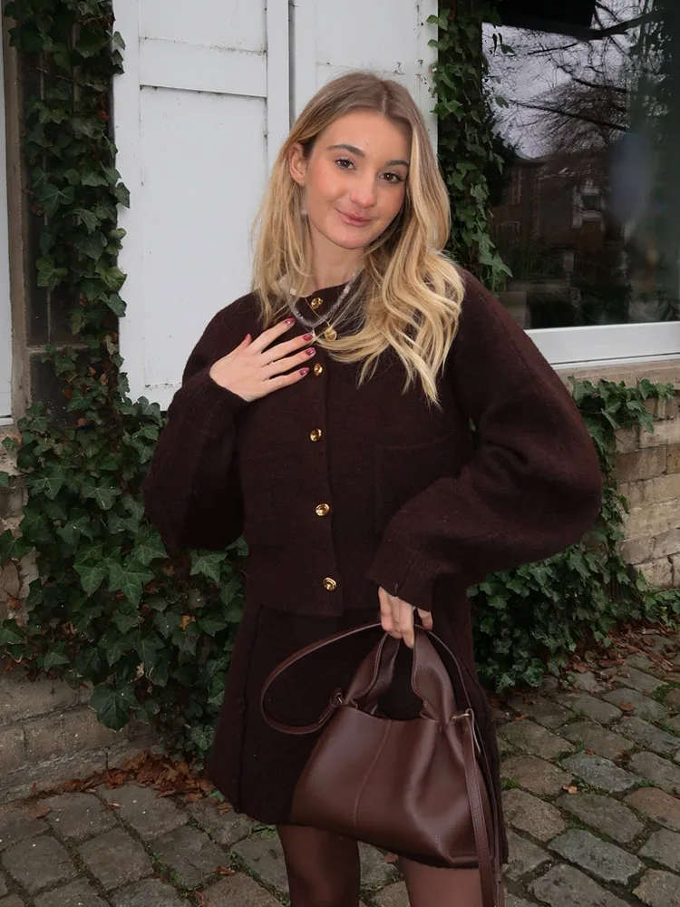 HH Women's Fashion Skirt Suit O-Neck Knitted Long Sleeve Single Breasted Pocket Cardigan+Chic Elastic Waist Slim Mini Skirts