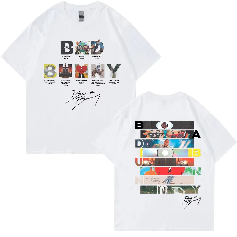 2026 Bad Bunny Vintage Collage Art Photo Wall Graphic Short Sleeve T-shirt Creative Poster Mosaic Loose Crew Neck Top