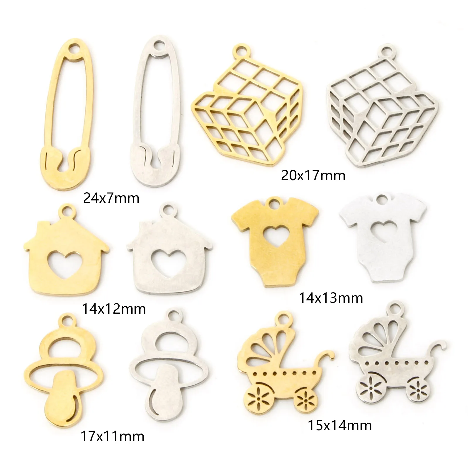 3 PCs 304 Stainless Steel Charms Hollow Nipple/Stroller/Love Heart House/Pin/Magic Cube Pendants DIY Necklace Jewelry Making