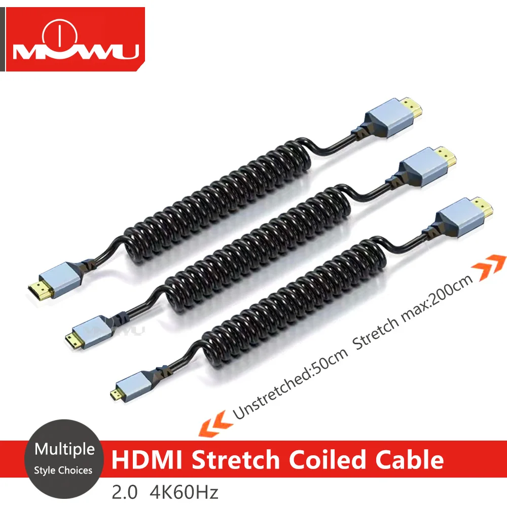 MOWU Mini/Micro/HDMI Stretch Coiled Cable HDMI 2.0 to Mini HDMI 90 Degree Right Angled 4K 60hz Extension Cable