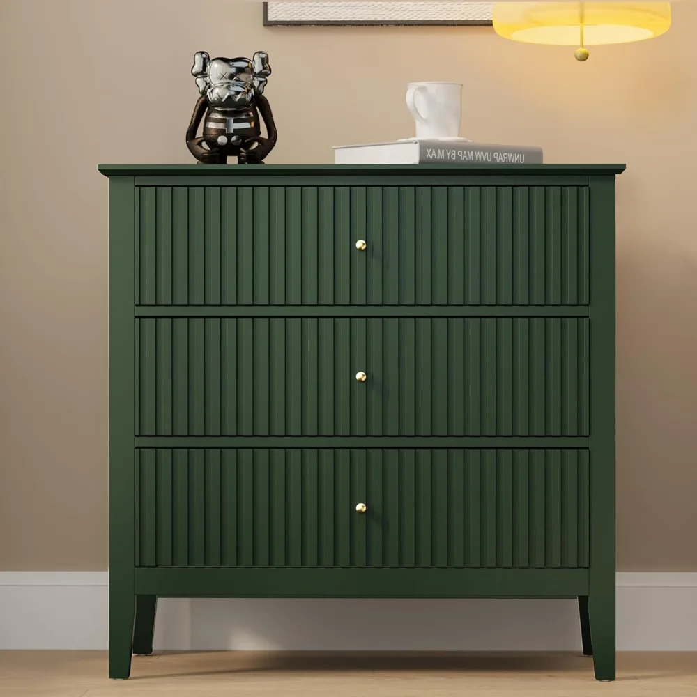 RoyalCraft Fluted 3 Drawer Dresser, Wide Chest of Drawers with Ball Bearing Slide Modern Nightstand Cabinet Wood Dresser