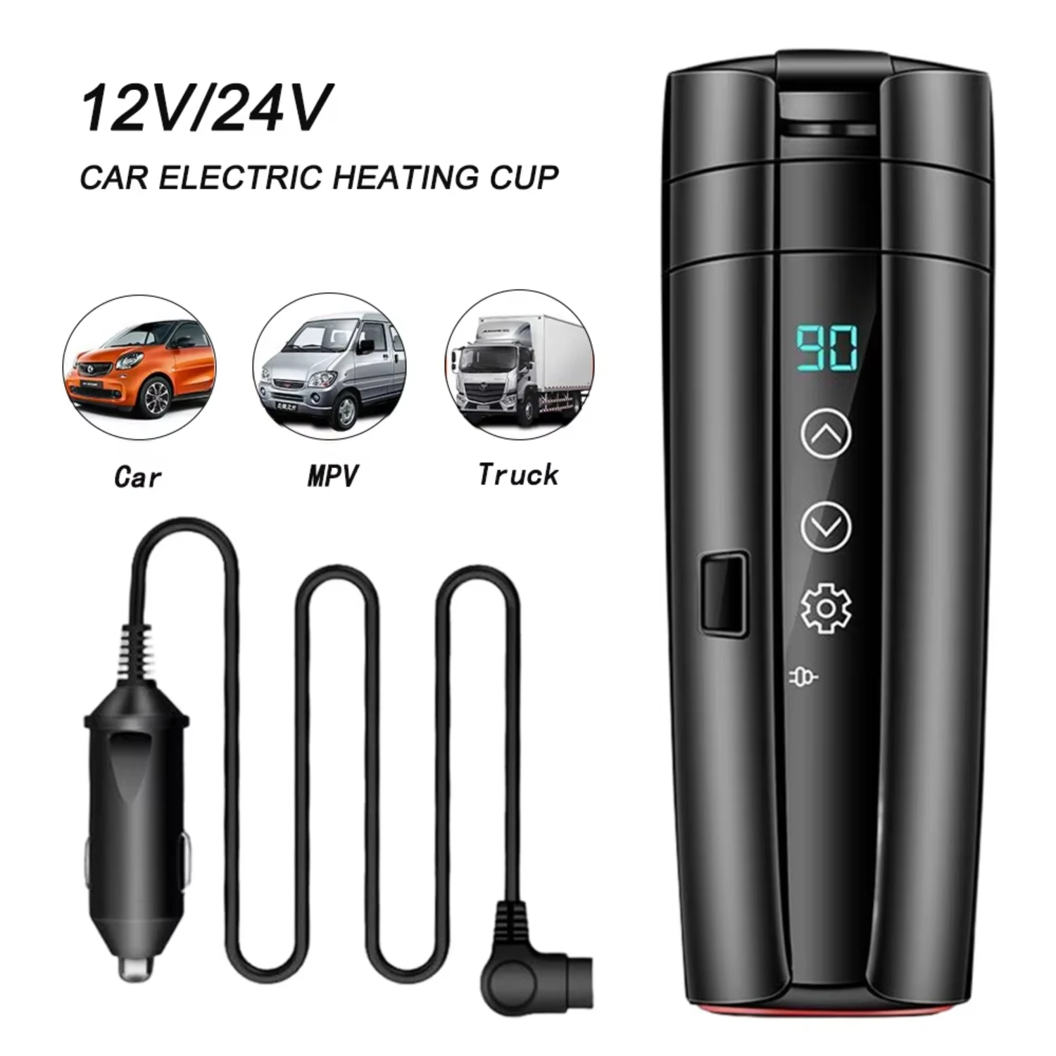 12V 24V Car Heating Cup 400ML Smart Temperature Display Thermos Cup Stainless Steel Thermos Portable  Kettle Coffee Cups