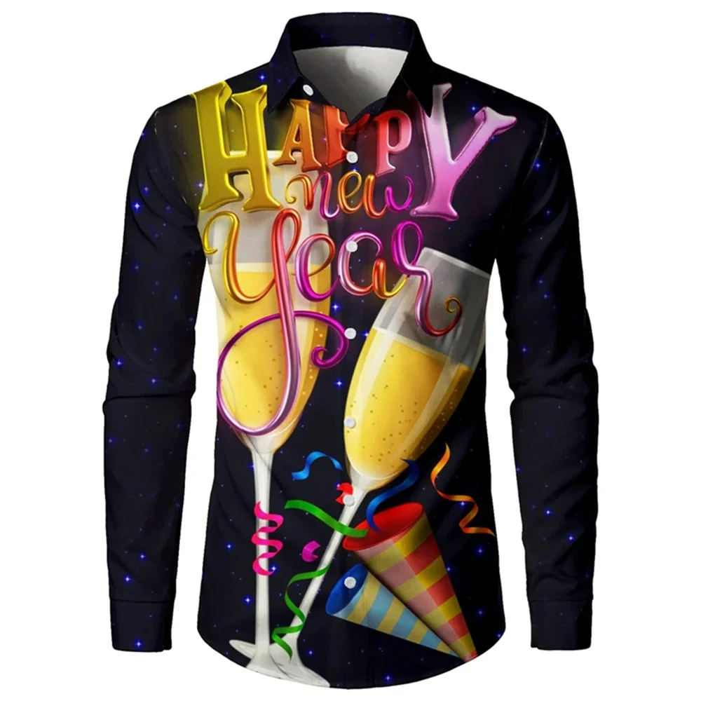 2025 Happy New Year Pattern Three-dimensional Printing Men's Long-sleeved Shirt Spring New Fashion Casual Unisex Party Clothes