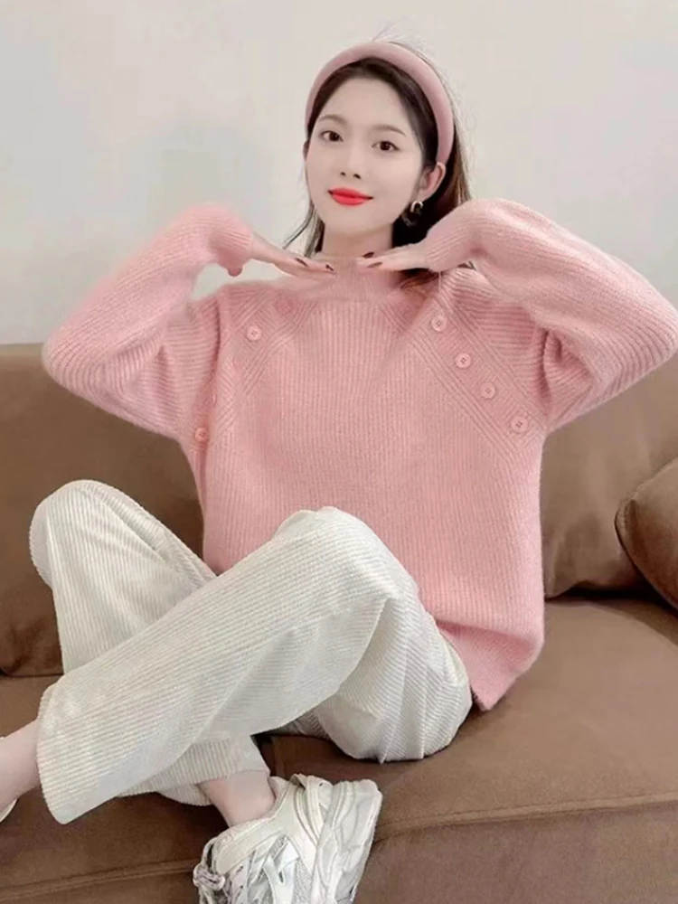 Thiened Fce f-High Collar Pure Color Button Base irt Sweater Women's Autumn Winter Faion Loose Knitted Top