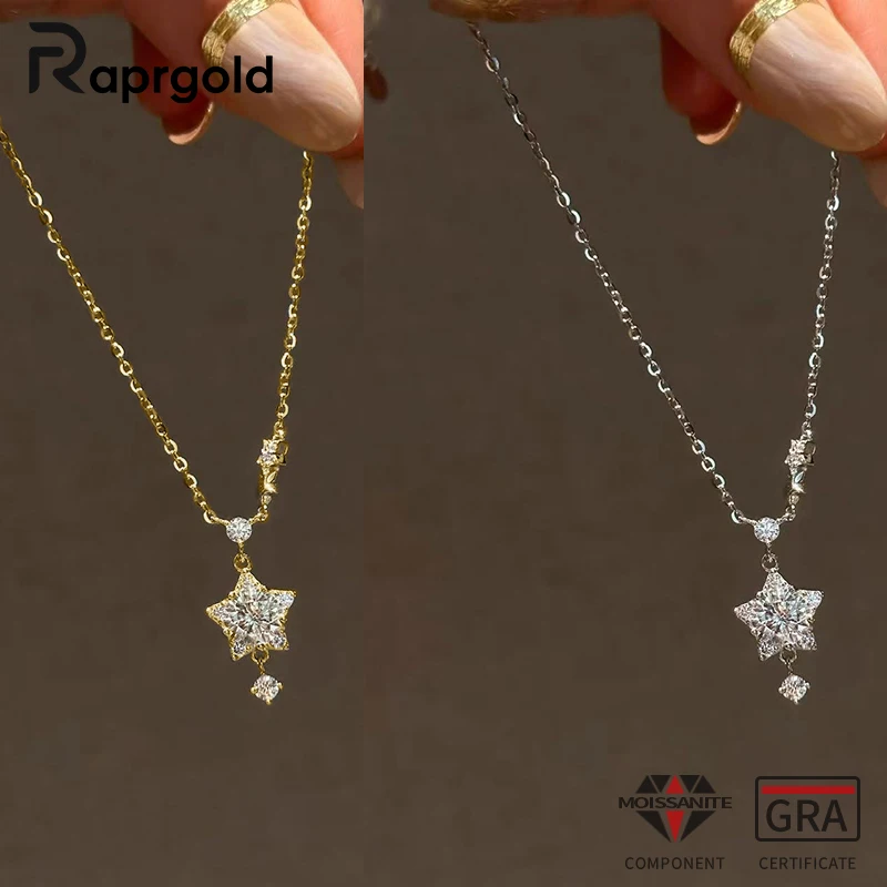 

RAPRGOLD 1.0CT Round Moissanite Light Luxury Sparkling Star Charm Pendant Necklaces for Women Chains Friend Neck Jewelry Gifts