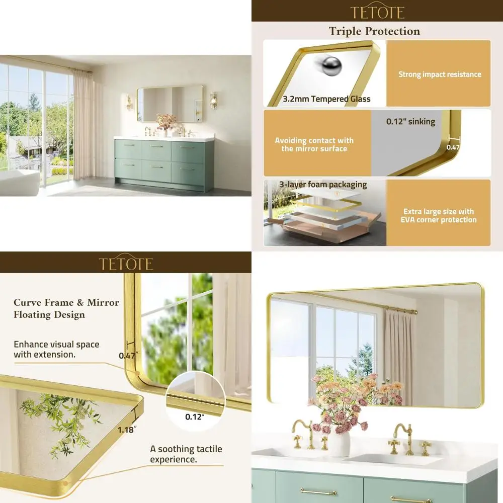 

Настенное зеркало для ванной 48x24 дюймов из закаленного стекла с отделкой под матовое золото и декоративным горизонтальным дизайном