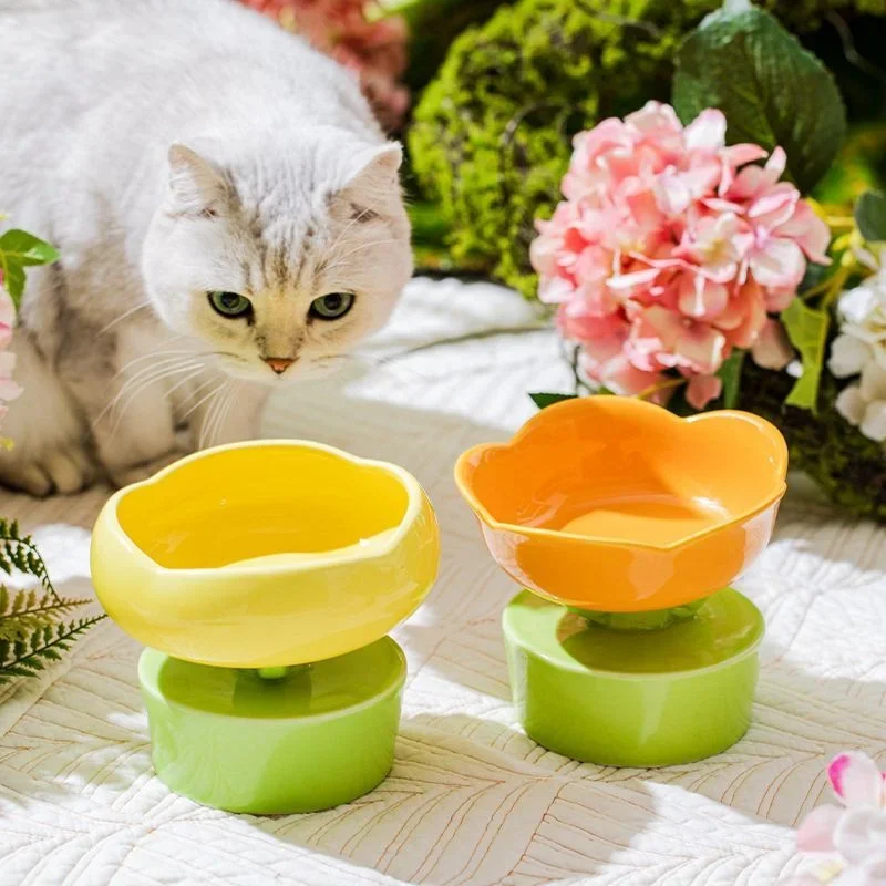 New Flower Shape Ceramic Cat Bowl Non-slip High Foot Dogs Puppy Feeder Pet Feeding Food Water Elevated Raised Dish Pet Supplies