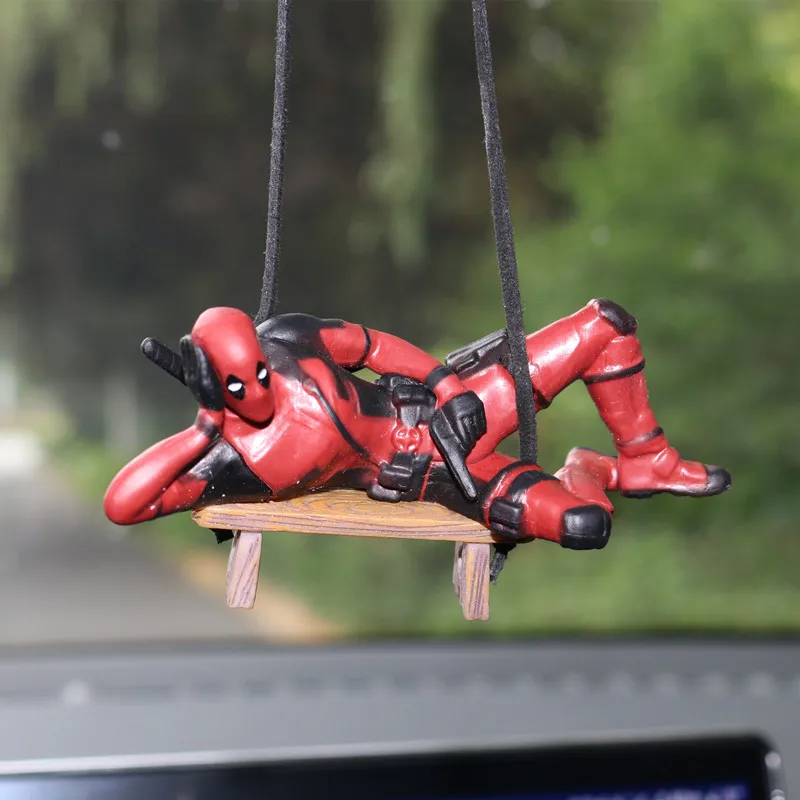 Marvel Deadpool Car Pendant Cartoon Anime Figures Rearview Mirror Leather PU Lanyard Indoor Kawaii Funny Model Accessories Gifts