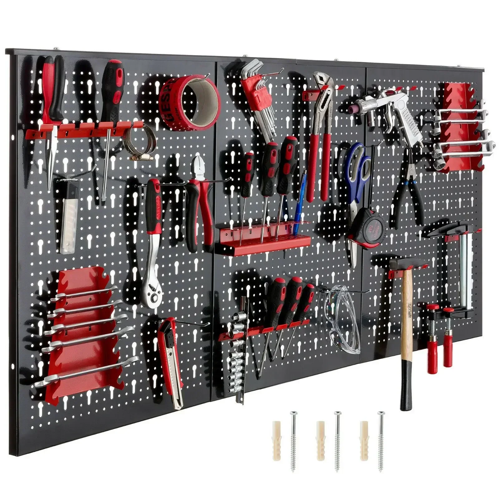 120x60cm Metalowy organizer ścienny z haczykami Zestaw 17 szt., pojemniki do przechowywania w garażu i panelowy organizer na narzędzia Pegboard