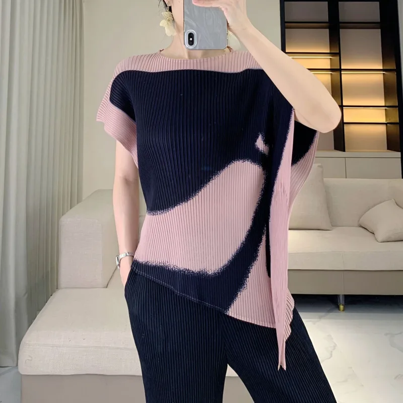 

ALSEY 2022, летняя новая модная универсальная одежда, плиссированная футболка Miyake, женская свободная эластичная футболка с круглым вырезом и короткими рукавами