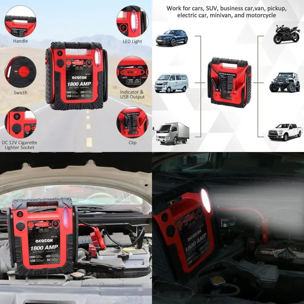 

Автомобильный стартер мощностью 1800 А, аварийный блок питания емкостью 20 000 мАч (до 6 л газового или 6-литрового дизельного двигателя), автоматический свинцово-кислотный аккумулятор 12 В