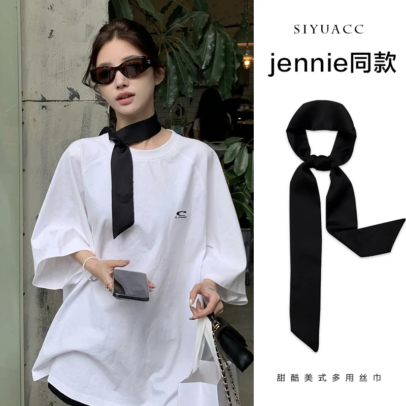 Jennie's same black scarf 2024 new Korean version sweet and cool girl versatile ribbon ribbon ribbon ribbon scarf scarf