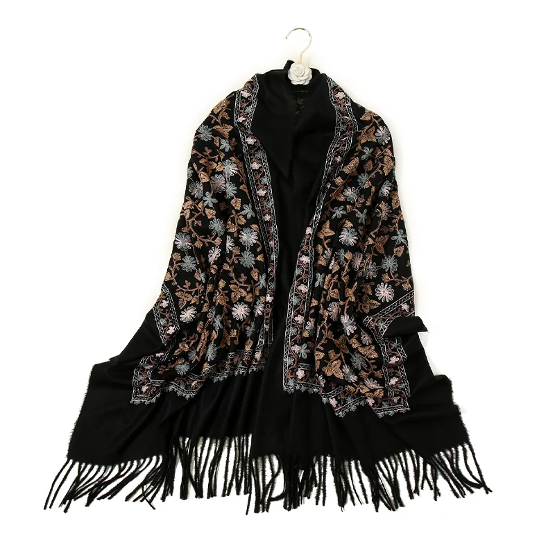 Winter Imitation Cashmere Shawl Thickened Tassel Scarf Floral Embroidery Pashmina For Women Warm Wraps Elegant Scarves 200*70cm