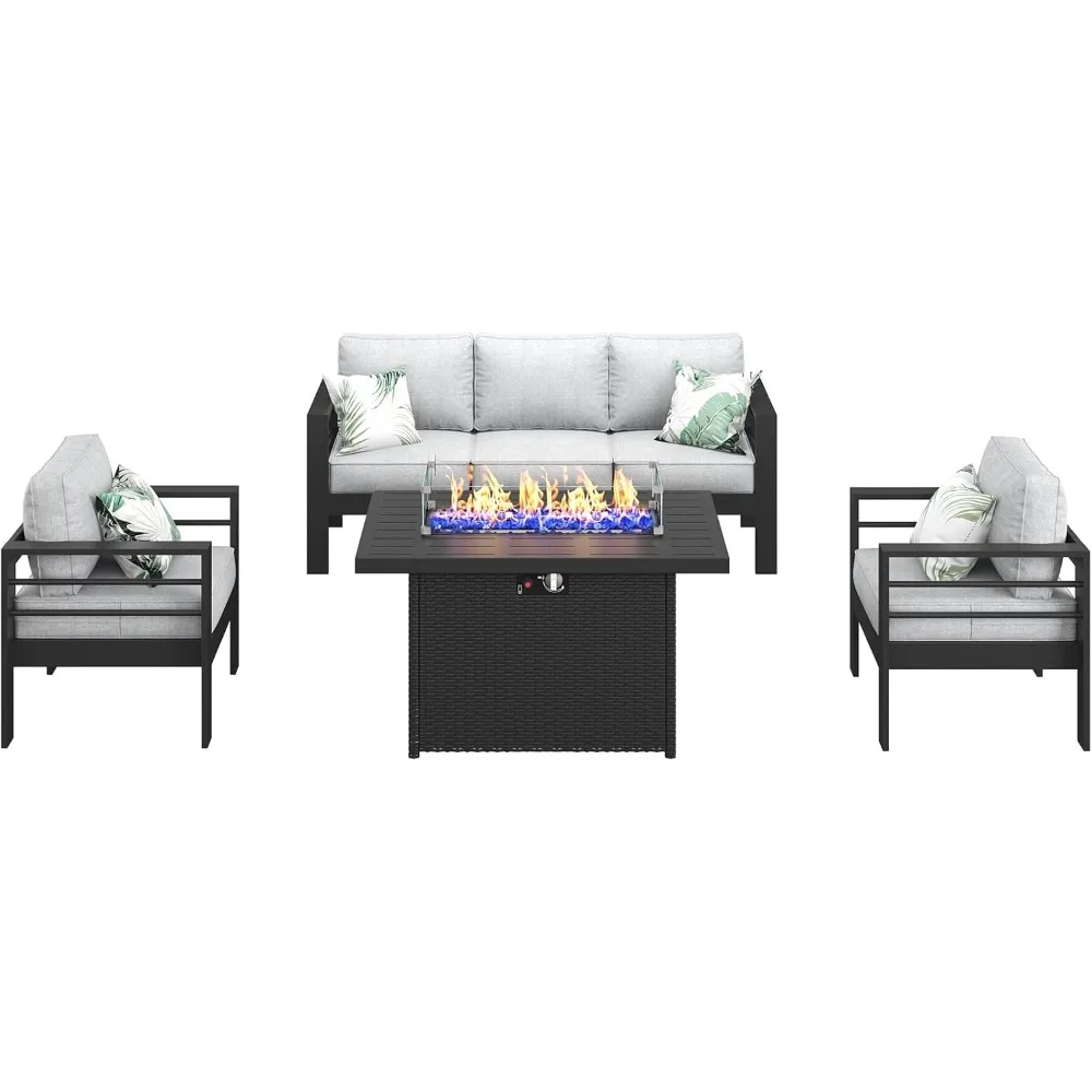 مجموعة أثاث من الألومنيوم مع طاولة حفرة النار، 4 قطع من أريكة الدردشة المقطعية للفناء، مجموعات أثاث الحدائق