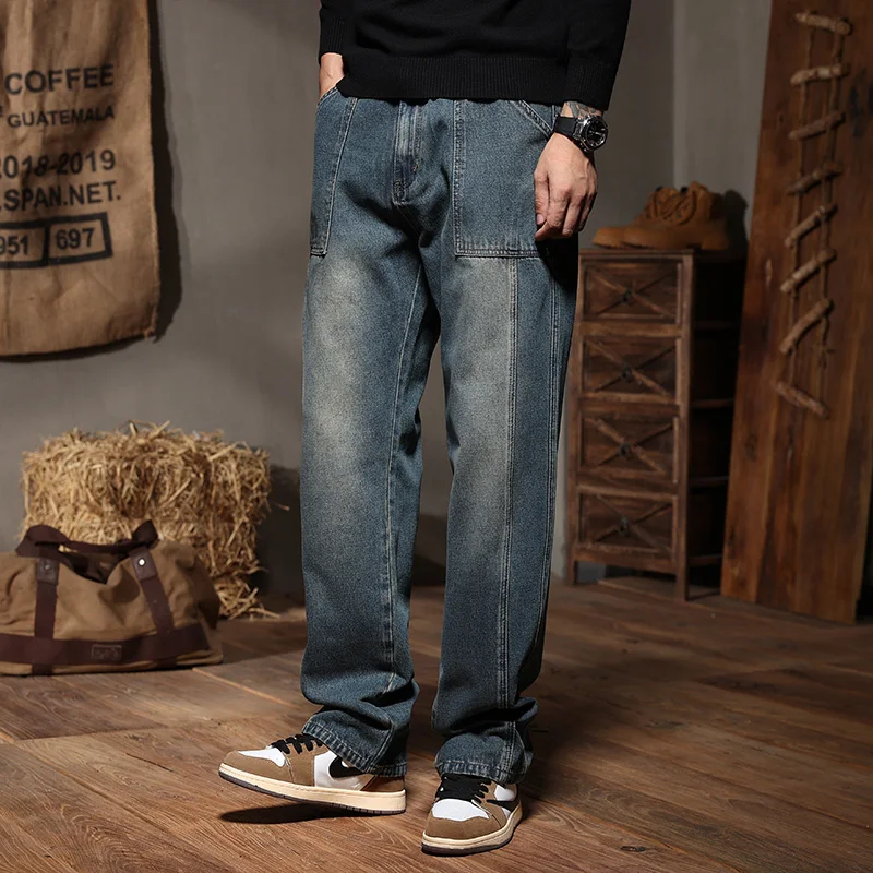 2026 spring and autumn new styles Men's non-elastic patchwork wide leg jeans Men's loose straight fit plus size denim trousers