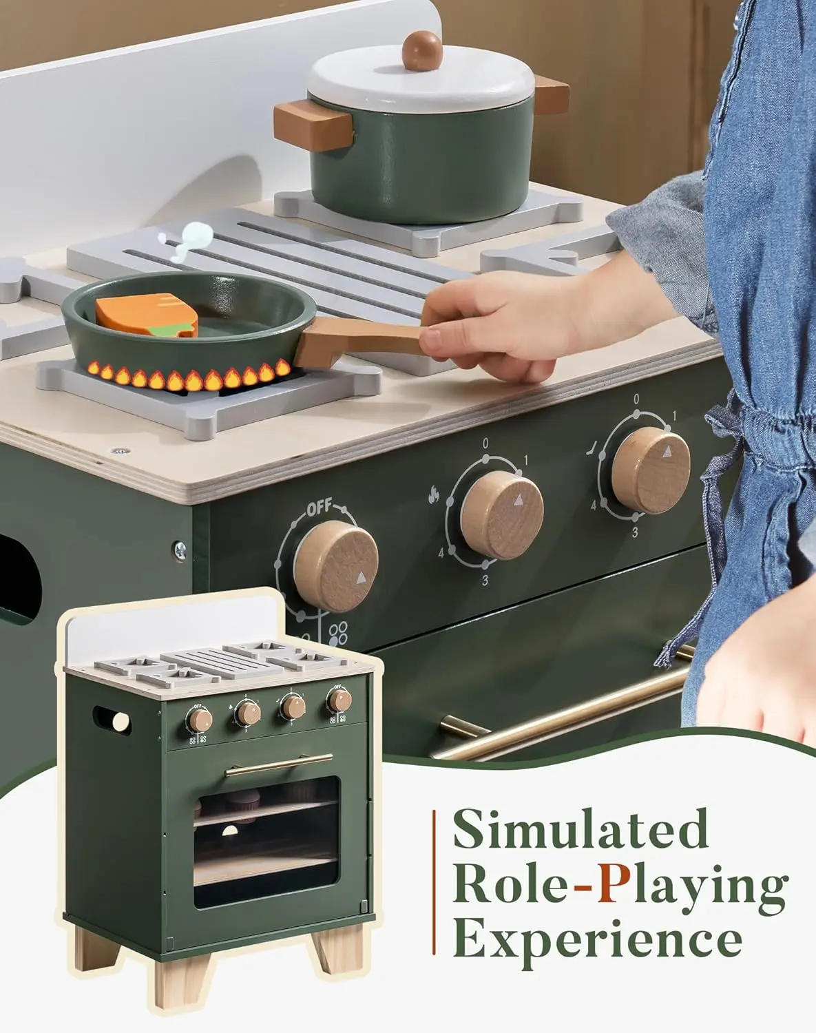 Robotime Robud Forno de brinquedo de madeira Conjunto de cozinha vintage verde com comida para brincar Conjunto de cozinha para meninos e meninas