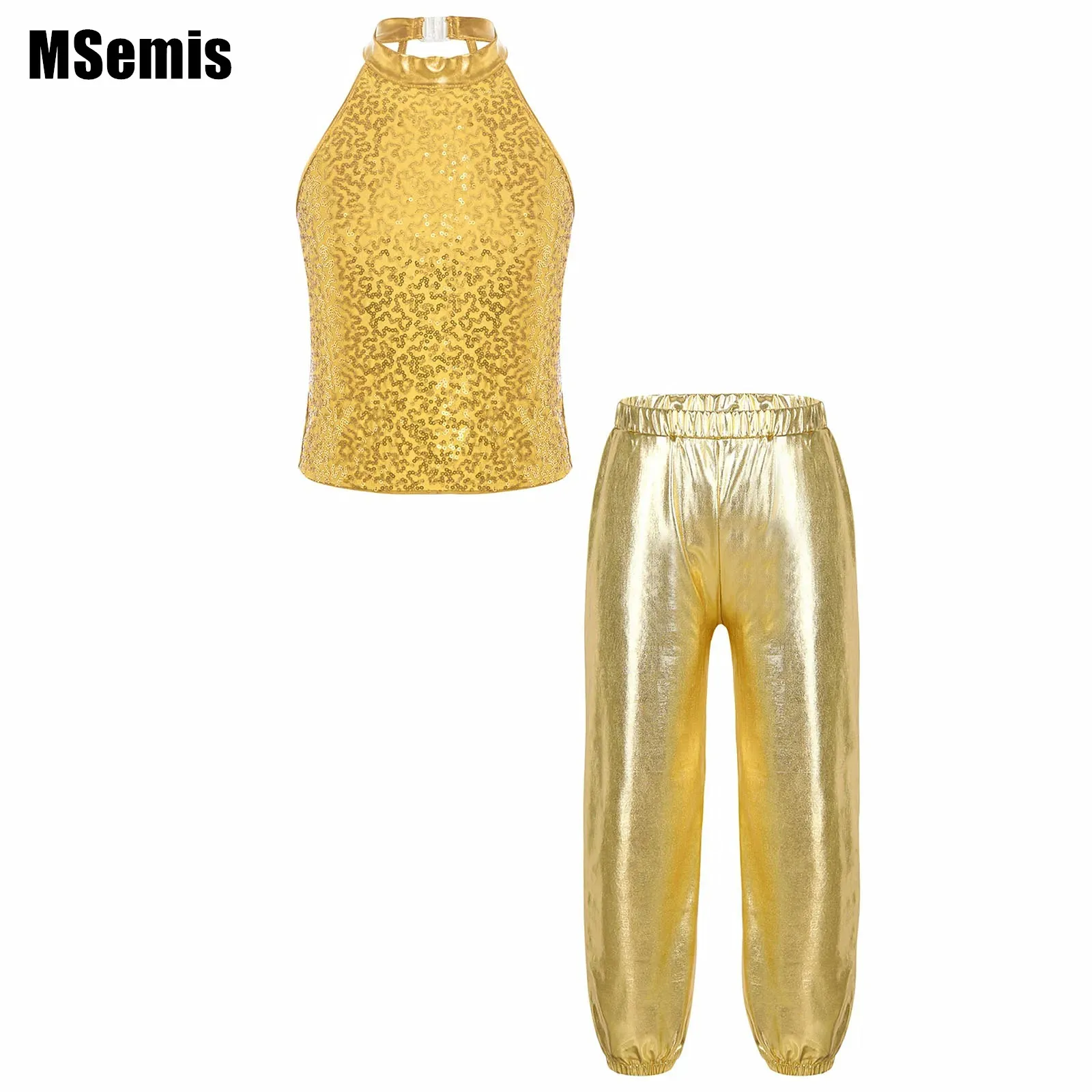 

Kids Girls Hip-hop Dance Set Sleeveless Halter Sequin Tops with Metallic Elastic Waistband Pants for Performance Competition