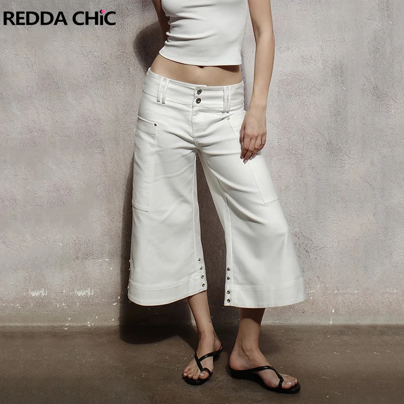 REDDACHiC Low Rise Capri Pants Women Summer White Cleanfit Eyelets Decor Straight Dual-button Baggy Cargo Shorts Lounge Bottoms