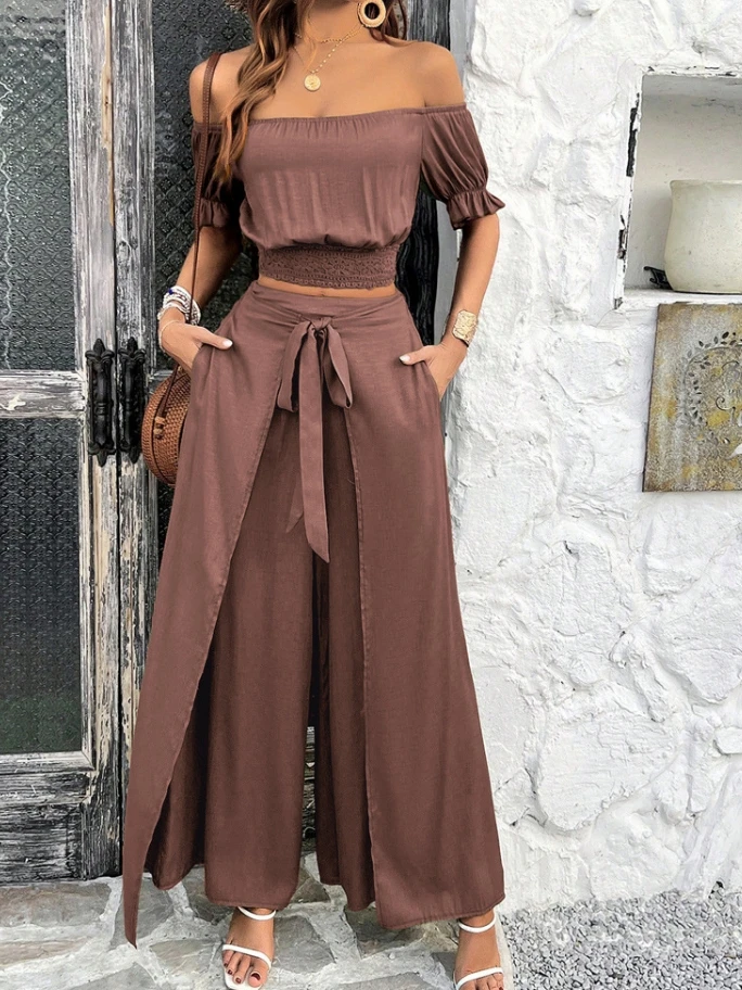 Women's Two-piece Casual 2024 Summer Solid Color Short Sleeve Crop Top and Tie Detail High Waist Overlapping Wide Leg Pants Set