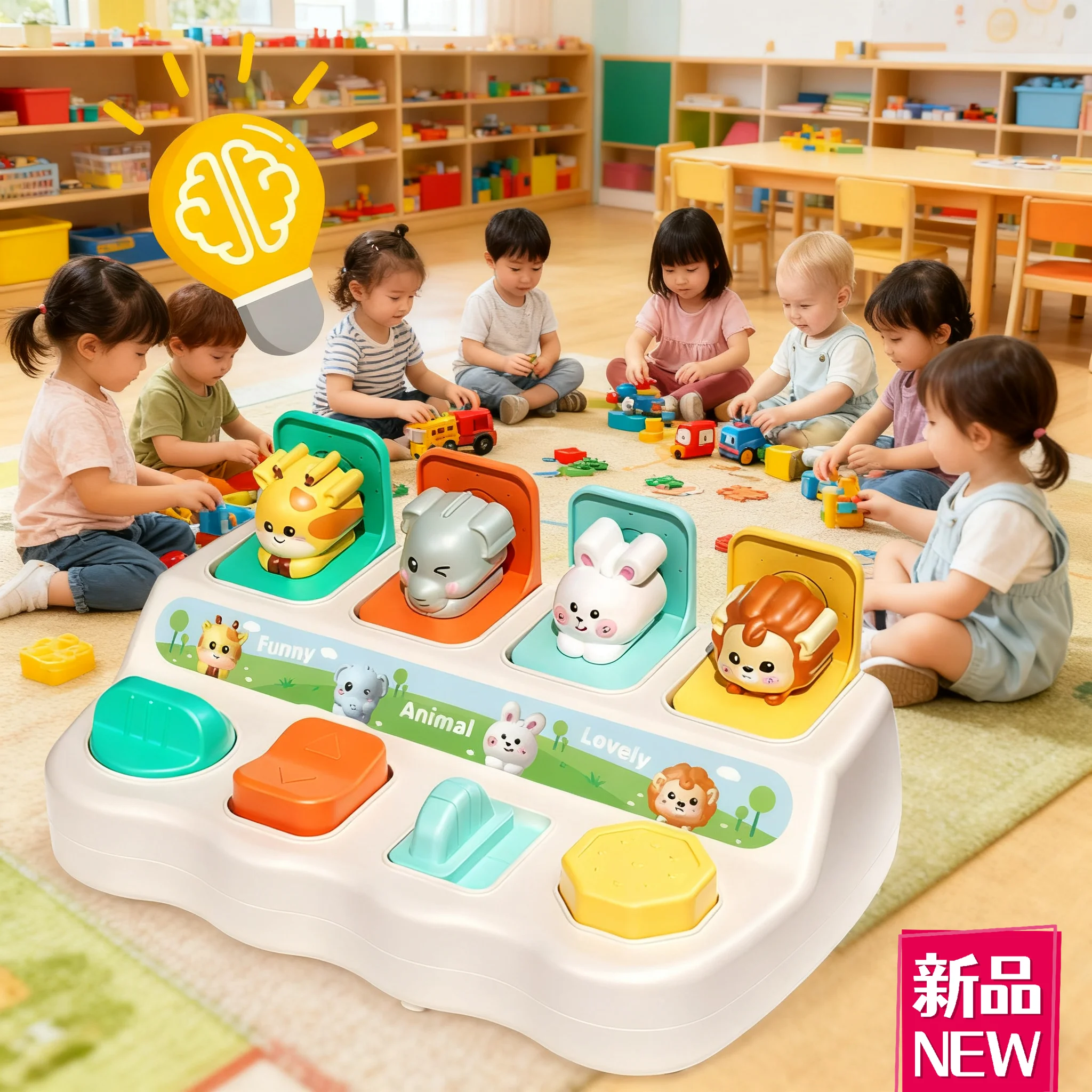 Zabawki Montessori Pop-Up Zwierzątka Ukrywanka Zabawka z Przełącznikiem Mechanizm Kot Pudełko Ćwiczenia Poznawcze Wczesna Edukacja Prezenty