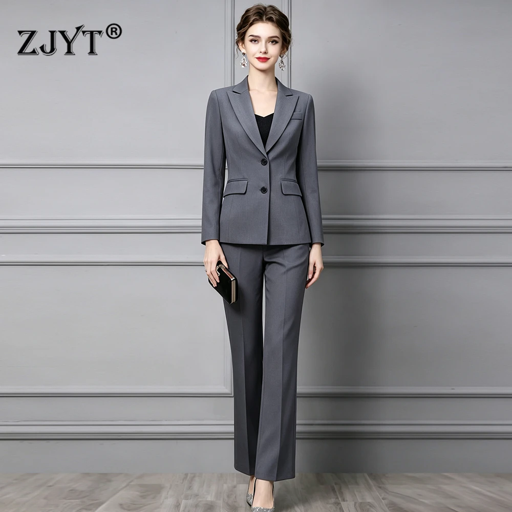 ZJYT Ladies Office Formal Trousers Suit for Women Autumn Elegant Long Sleeve Blazer and Pants Twe Pieces Matching Sets Outfits