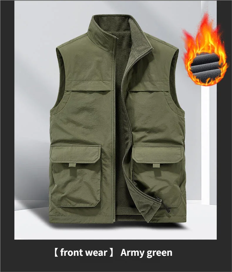 

2025 Large size Autumn and winter casual workwear double-sided vest men's waistcoat outdoor multi-pocket photography vest