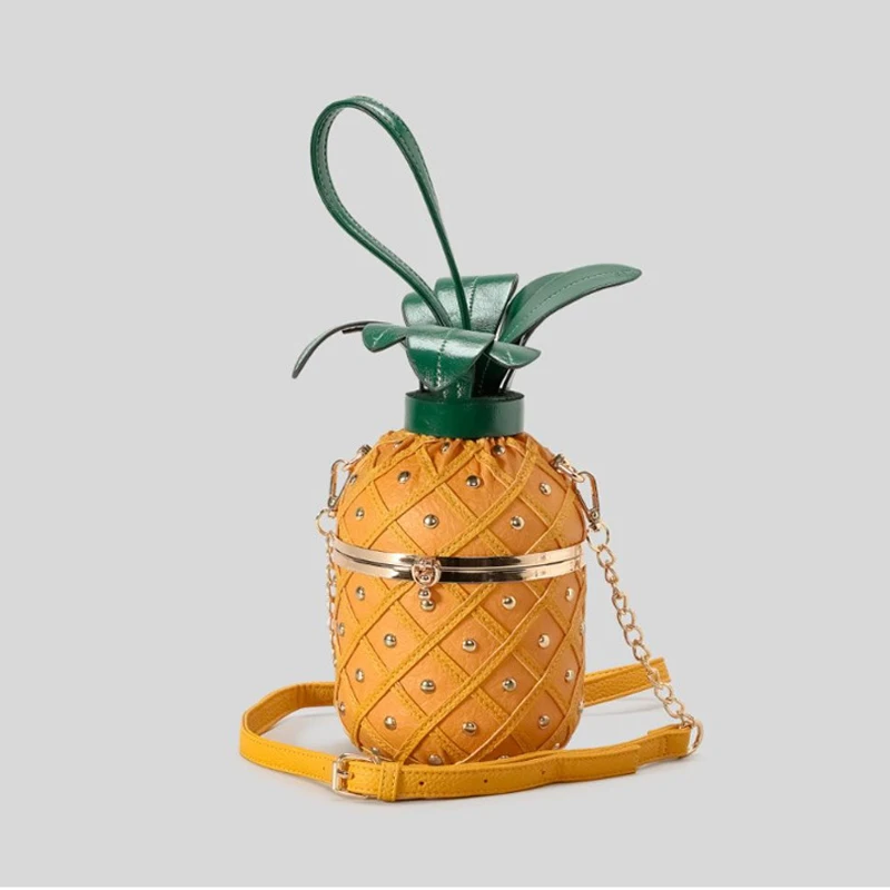 Cute Pineapple Design Women Shoulder Bag Creative Rivet Barrel-Shaped Crossbody Bag Funny Luxury Pu Leather Female Purses 2024