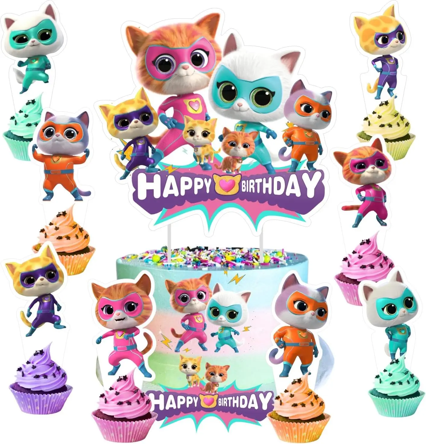 25pcs Super Cats Cake Decorations Cupcake Toppers Kitties Birthday Party Supplies